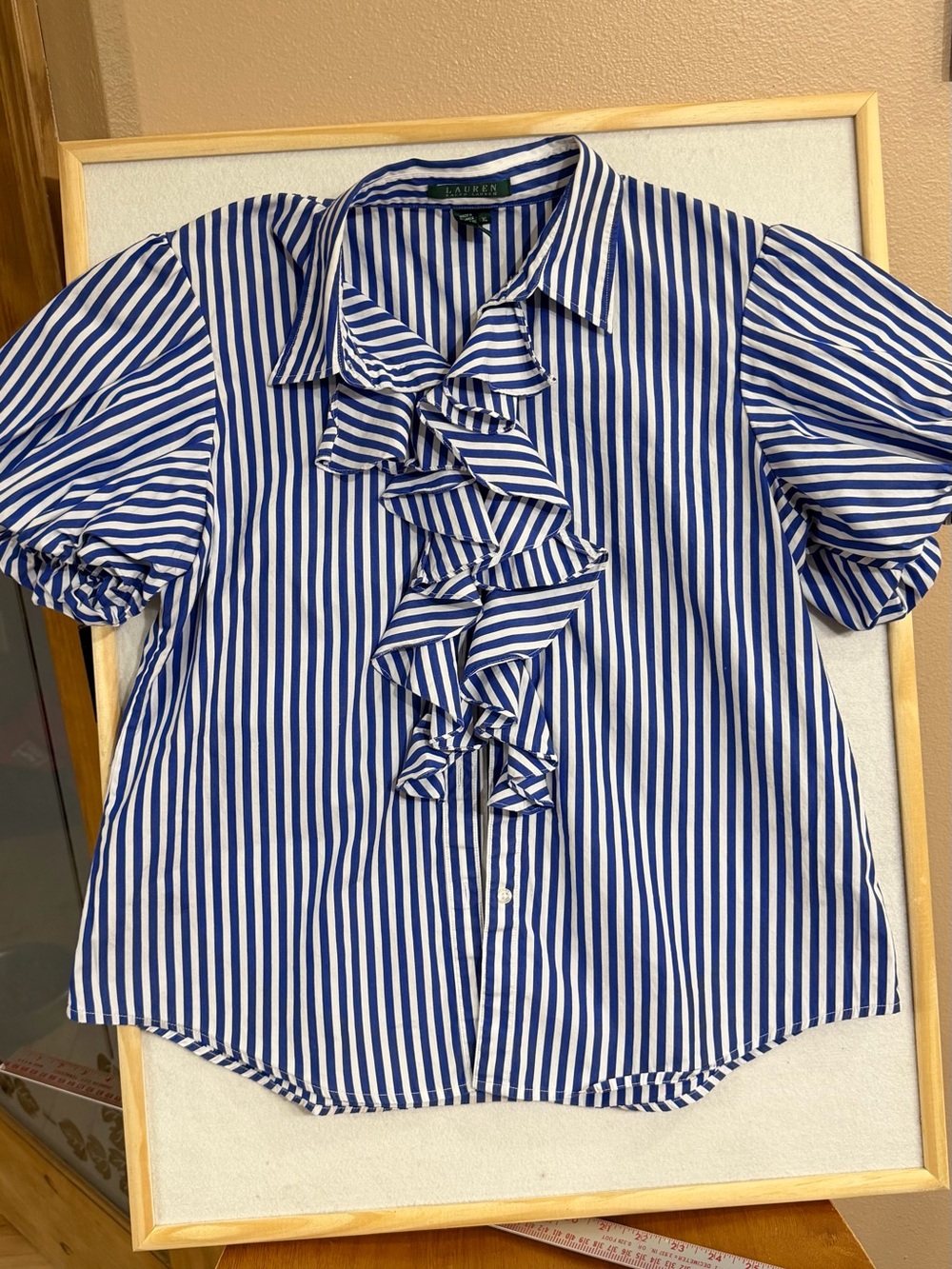 Lauren Ralph Lauren women’sBlue & White Striped Ruffle Button-Up Top